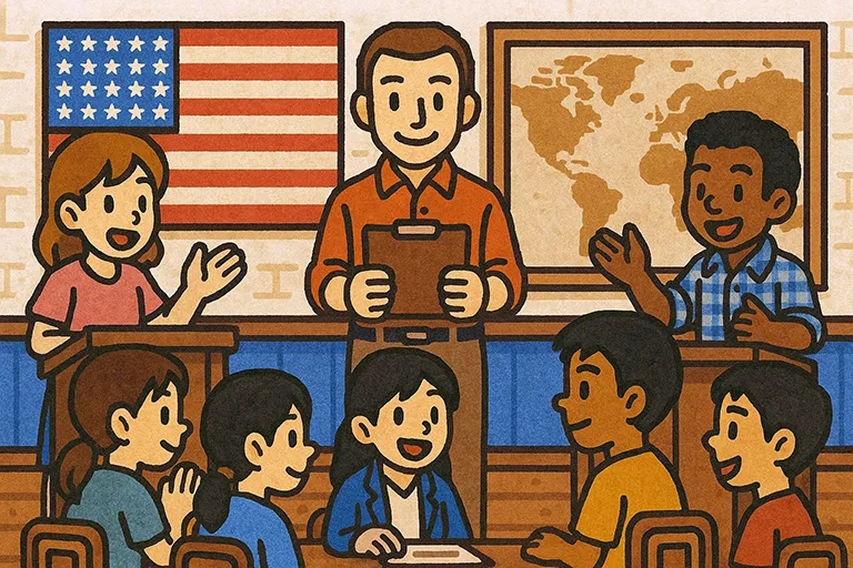A cartoon shows a teacher leading a student debate, with children actively participating in a lively classroom setting.