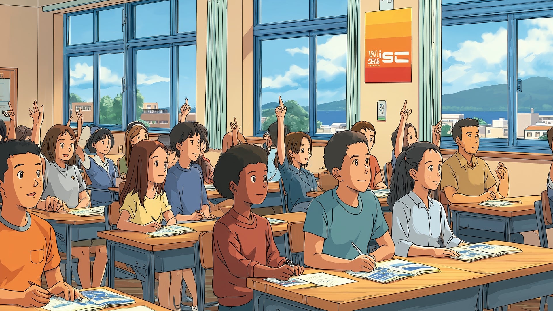 Students in a bright classroom with sunlight through windows, raising hands and talking