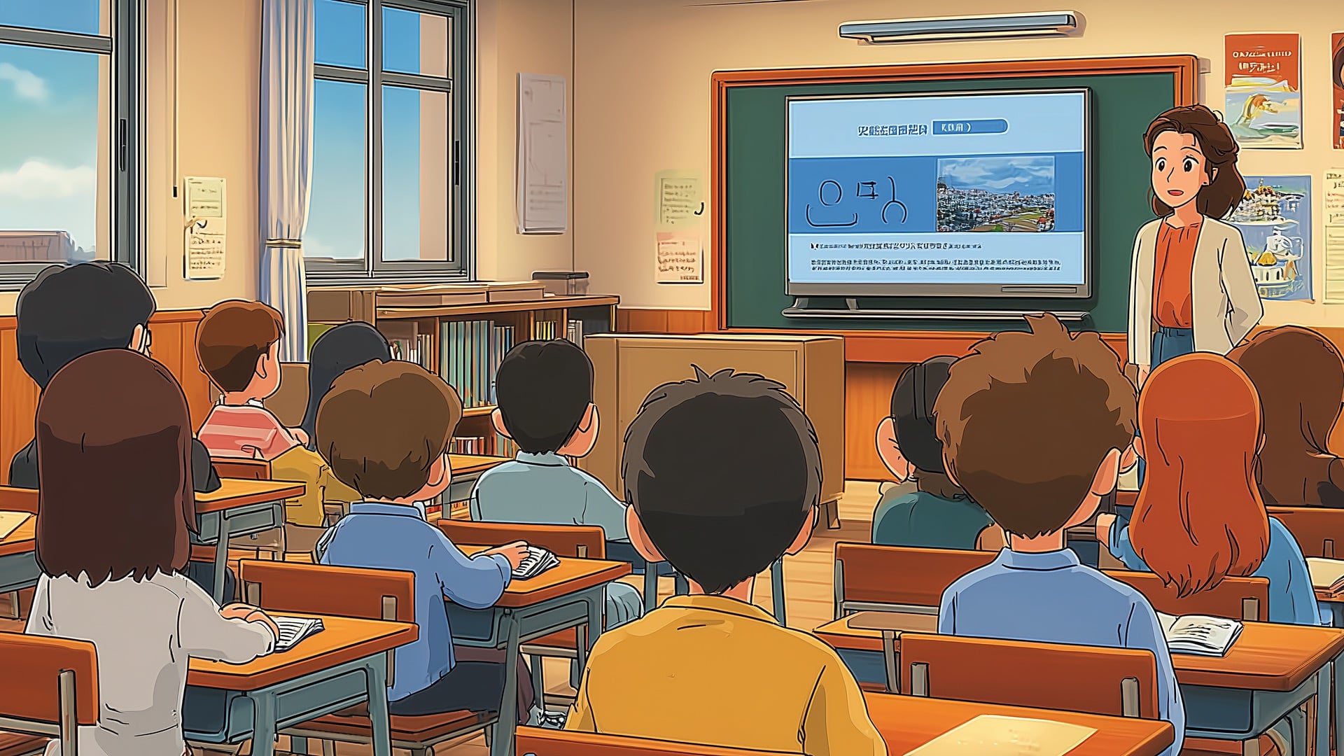 Teacher guiding a small group of students in a classroom, with a game flow diagram on the board